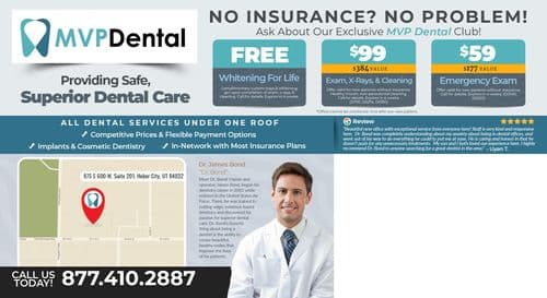 The back of the postcard outlines MVP Dental's comprehensive dental services and special offers for new patients. It promotes 'FREE Whitening For Life', a 'FREE Electric Toothbrush' worth $150, and a 'FREE Invisalign or Cosmetic Dentistry Consultation'. It also features a photo of a smiling male dentist, Dr. James Bond, and a map location indicating MVP Dental's address in Heber City, Utah. Additional offers include a '$99 Exam, X-Rays, & Cleaning' package and a '$59 Emergency Exam'. The layout is professional, with clear calls to action, contact information, and links to the website.