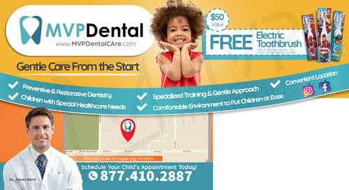 The reverse side of the postcard continues the theme of child-friendly dental services. It features an image of a joyful young girl in a red dress, her arms spread wide and her smile broad, symbolizing the comfort and care MVP Dental aims to provide. The postcard outlines several of MVP Dental's commitments such as preventive and restorative dentistry specifically catered to children, including those with special healthcare needs. The design includes icons and bullet points detailing these services, emphasizing a gentle approach and a comfortable environment. Promotional offers for a 'FREE Electric Toothbrush' are also highlighted along with the location details and invitation to schedule an appointment, making it highly informative and visually appealing.