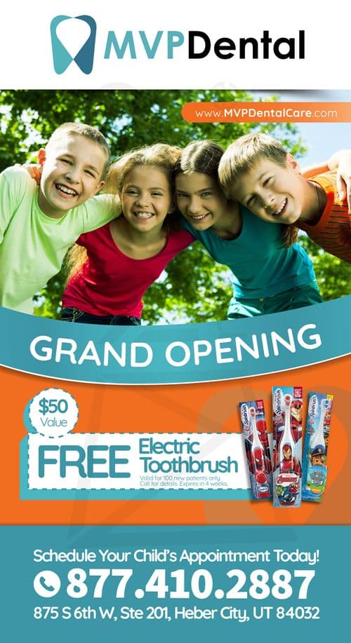 This postcard from MVP Dental advertises their grand opening, prominently featuring a joyful group of four children (two girls and two boys) playing outside under a bright sunlit sky, showcasing bright smiles. At the top of the postcard, the MVP Dental logo is displayed against a teal background. Below the logo, the text 'GRAND OPENING' is bolded in a large orange font. A special offer for a 'FREE Electric Toothbrush' valued at $50, is highlighted in a white tag, emphasizing it is for the first 100 new patients. The call to action at the bottom in white text on a teal background urges potential clients to 'Call Us Today!' with the phone number and website listed.