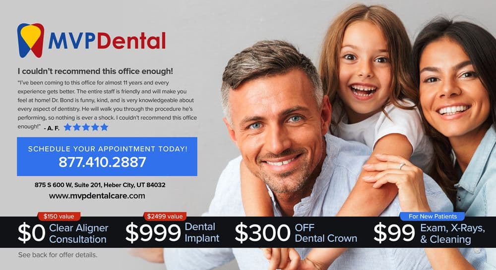 This postcard features a vibrant image of a smiling family, consisting of a man, a woman, and a young girl, suggesting a warm and friendly environment. The logo of 'MVP Dental' is prominently displayed at the top in a distinctive blue and red design. The text on the postcard reads, 'I couldn't recommend this office enough!' followed by a glowing customer review about the dental office's welcoming and knowledgeable staff. Below, promotional offers are highlighted: $0 Clear Aligner Consultation, $999 Dental Implant, $300 off Dental Crown, and $99 for an exam, X-rays, and cleaning. The call to action at the bottom urges to 'SCHEDULE YOUR APPOINTMENT TODAY!' with the phone number and website address provided.