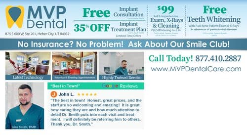 The back of the postcard showcases various services and offers from MVP Dental under the banner 'No Insurance? No Problem! Ask About Our Smile Club!'. It features a photo of a confident male dentist in a well-equipped dental office and mentions 'Latest Technology' and 'Saturday & Evening Appointments'. Offers include a '$99 Full Comprehensive Exam, X-Rays & Cleaning' and 'Free Teeth Whitening' with terms detailed below. The postcard emphasizes the dentist's credentials and patient testimonials, specifically praising the dentist's attention to detail and welcoming staff.