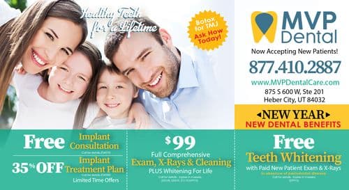 The front of the postcard from MVP Dental features a joyful family of four, smiling outdoors under a clear blue sky. The father and mother are seated, with their daughter between them and their son behind them, all dressed in casual spring attire. Prominent text states 'Healthy Teeth for a Lifetime' and 'Now Accepting New Patients!' with a call to action that reads 'Call Us Today! 877.410.2887'. The bottom section offers promotions like a free implant consultation and 35% off an implant treatment plan, alongside '$99 Full Comprehensive Exam, X-Rays & Cleaning' with free teeth whitening for life, highlighting the New Year's new dental benefits.