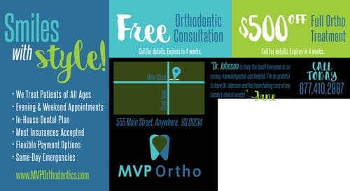 Back of MVP Ortho postcard listing services with a stylish turquoise and lime green design. Features include 'Smiles with style!', 'Free Orthodontic Consultation', and '$500 Off Full Ortho Treatment'. Testimonial from 'Jane' praising 'Dr. Johnson'. Details include evening and weekend appointments, in-house dental plan, and accepts most insurances. Contact info same as the front with additional taglines about the practice's attributes and a map showing location at '555 Main Street, Anywhere, US 01234