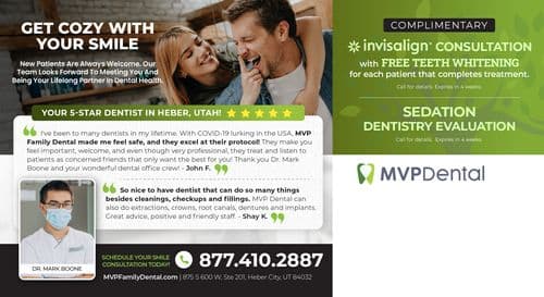 Back side of MVP Dental's promotional postcard highlighting service excellence with testimonials from satisfied patients. Features include a cozy, intimate image of a couple laughing, embodying a comfortable dental experience. Text sections promote a free Invisalign consultation, teeth whitening offers, and sedation dentistry evaluation. It emphasizes the practice’s comprehensive care capabilities, flexible appointment scheduling, and acceptance of most insurance plans. Contact information and a call to action to schedule an appointment are prominently displayed.