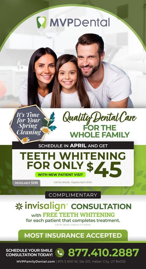 Promotional postcard for MVP Dental offering spring cleaning deals. The top half features a smiling family of three, symbolizing diverse and inclusive dental care. Text overlay announces 'It's Time for Your Spring Cleaning' and advertises teeth whitening for only $45 with a new patient visit. Details about a complimentary Invisalign consultation with free teeth whitening for each patient completing treatment are included. The design incorporates fresh spring green tones, floral motifs, and callouts for scheduling and insurance acceptance.