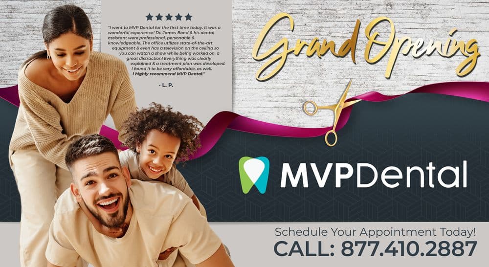 This promotional image features a diverse family enjoying a playful moment. A young mother with long hair leans forward, while her partner, a man with styled hair and a beard, smiles broadly. Their child, a young girl with curly hair, is perched on the man's back. The background has a stylish, urban texture with a bold 'Grand Opening' in elegant gold script overlaid with a magenta ribbon and scissors graphic, suggesting a ceremonial ribbon cutting. The MVP Dental logo is prominent, with a call to action to schedule an appointment and a testimonial from a satisfied customer, L.P., praising the dental service.