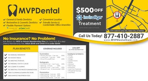 Back of MVP Dental postcard detailing dental services and membership plans. The left half of the postcard lists services such as general, family, restorative, and cosmetic dentistry, along with benefits of their in-house membership plan which costs less than $1 a day. The right half features a map highlighting the dental office's location at 875 S 600 W, Suite 201, Heber City, UT 84032, surrounded by a vibrant yellow background, with a focus on a $500 off Invisalign treatment promo and contact details.