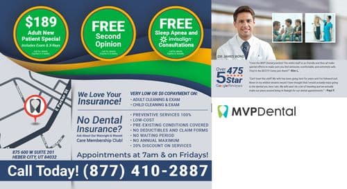 Back of the MVP Dental postcard detailing special offers and insurance information. It highlights a $189 special for new adult patients, free second opinions, and free sleep apnea and Invisalign consultations. Features Dr. James Bond in professional attire with the MVP Dental logo, a city map showing the clinic's location, and customer testimonials praising the staff's friendliness and professionalism. Various promotional offers are listed along with contact information.