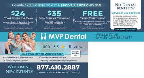 The back of the MVP Dental postcard showcases multiple promotional offers. It includes a $24 comprehensive exam, a $35 new patient cleaning, and free teeth whitening. Each offer is detailed with what is included and terms of validity. Key services and benefits such as in-network insurance coverage, flexible payment options, and welcoming new patients are highlighted. A vibrant design integrates blue and green stripes that coordinate with the front design, and there's a clear call to action for scheduling appointments.