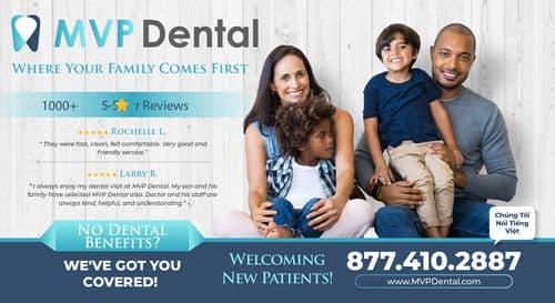 Promotional postcard for MVP Dental highlighting their family-friendly services. The top half features a cheerful family of four smiling warmly. The logo of MVP Dental is prominent above them, with text that reads 'Where Your Family Comes First'. Below, there are badges and text highlighting the dental clinic's accolades and community trust, including being a 'Neighborhood Favorite' for four years in a row on Nextdoor. The bottom section offers contact information and emphasizes no dental benefits are needed with their coverage plans.