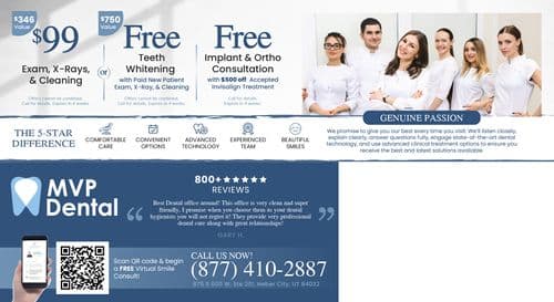 Back side of MVP Dental's promotional postcard detailing the services and ethos of the dental office. It features images of a diverse dental team, emphasizing their experienced and friendly approach. The postcard lists benefits of choosing their services, including advanced technology, comfortable care, and genuine passion for patient dental health. It highlights over 800 5-star reviews from satisfied patients and provides details on a range of dental services offered. There's also a QR code for a free virtual smile consult, alongside the same contact information as the front.