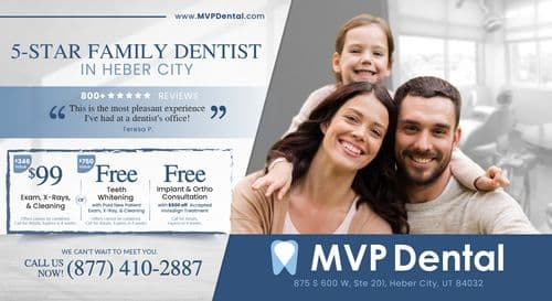 Promotional postcard for MVP Dental in Heber City featuring a happy family of three smiling. The mother and father are smiling with their young daughter, in a homely setting. The postcard highlights several special offers including $99 for an exam, X-rays, and cleaning, free teeth whitening with a new patient exam, and a free implant and ortho consultation with $500 off on accepted Invisalign treatment. The postcard emphasizes MVP Dental's commitment to providing a 5-star family dentistry experience and mentions over 800 positive reviews. Contact information and a call to action to call or visit their website are prominently displayed.