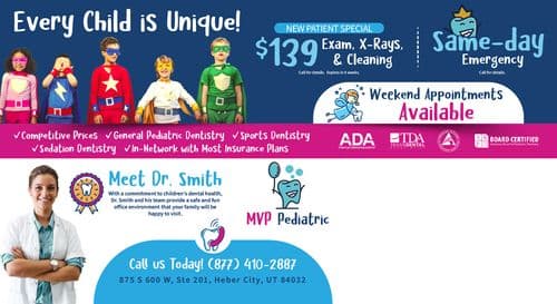 The back side of the MVP Pediatric postcard displays various unique selling points such as 'Every Child is Unique!' and a new patient special of $139 for an exam, X-rays, and cleaning. It also promotes the availability of same-day emergency services and weekend appointments. A large, inviting photo of children dressed as superheroes underscores the theme of uniqueness and specialized care. Additional details include in-network insurance options, competitive pricing, and a photo of Dr. Smith who is committed to creating a safe and fun dental environment for children.