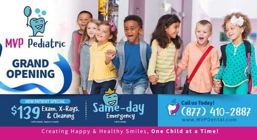A vibrant and colorful MVP Dental postcard for their Grand Opening, featuring a diverse group of six happy children walking through a school hallway, laughing and holding hands. The left side showcases the MVP Pediatric logo with 'Grand Opening' highlighted. Below, promotional offers include a $139 special for a new patient exam, X-rays, and cleaning. The design is playful and child-friendly, with a bold call to action to 'Call us Today! (877) 410-2887' and the website 'www.MVPDental.com' listed.