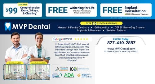Back of the MVP Dental postcard, featuring promotional offers and dental services. The left side lists the offer '$99 for a comprehensive exam, X-rays, and cleaning,' with 'FREE Whitening for Life' under certain conditions and 'FREE Implant Consultation' with a discount on accepted treatments. The right side highlights the dental practice's attributes like General & Family Dentistry, Orthodontics, and more. A Google review praising the staff's friendliness and helpfulness overlays the bottom. Contact details are emphasized along with a call to action to visit the MVP Dental website.