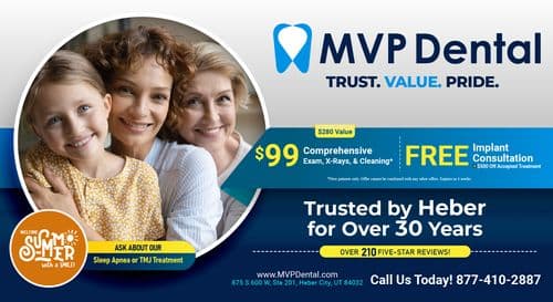 Front of the MVP Dental postcard showcasing a family. The text 'MVP Dental' appears at the top right in large letters, emphasizing trust, value, and pride. Promotional offers include '$99 Comprehensive Exam, X-Rays, & Cleaning' and 'FREE Implant Consultation' with additional savings. The backdrop includes a circular graphic with the summer theme, and the tagline 'Welcoming new patients with a smile this summer!' is prominently displayed. Contact information and a website link are provided at the bottom.