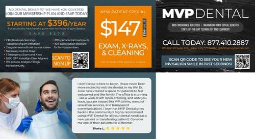 The back of the postcard details MVP Dental's membership plans and new patient specials, emphasizing affordability and accessibility of services. It features a pricing table with various dental services such as 'Exam, X-Rays, & Cleaning' for $147 and highlights benefits like 'No Dental Benefits? We Have You Covered!' A QR code for quick access and testimonial from a satisfied patient enhance the communication. The layout is designed with clean lines and contrasting colors to clearly present the information alongside MVP Dental’s contact details and website.