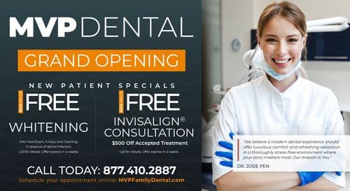The front of the postcard features a promotional design for MVP Dental's Grand Opening. It highlights 'New Patient Specials' offering 'Free Whitening' and 'Free Invisalign Consultation' with conditions noted beneath each offer. The left side shows a professional female dentist smiling in her lab coat, symbolizing a friendly and welcoming service environment. The design incorporates dark gray and orange elements with MVP Dental's logo prominently displayed at the top. Contact details are provided along with a call to action to call or visit their website.