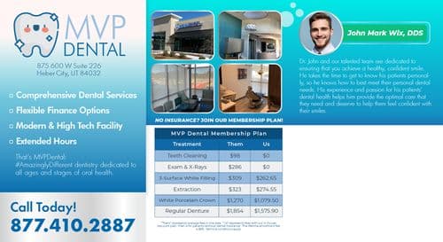 The back side of the MVP Dental promotional postcard features comprehensive dental service offerings and a comparison chart of treatments under their membership plan versus typical costs. It highlights flexible finance options, a modern facility, and extended hours. A photo array shows the exterior and interior views of the clinic, emphasizing a high-tech environment. At the bottom, information about Dr. John Mark Wix, DDS, is featured, describing his dedication to patient-focused, confident dental care.
