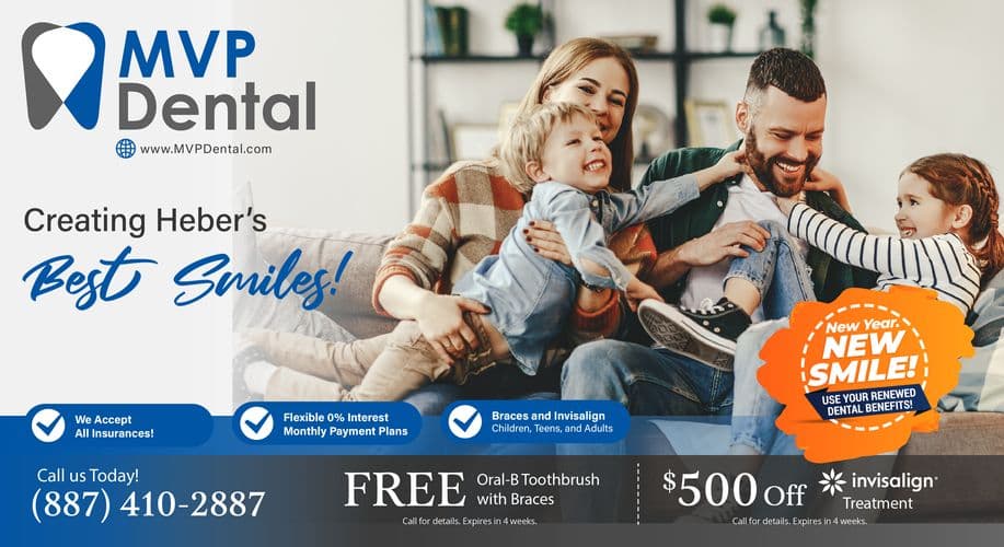 This postcard from MVP Dental features a vibrant and family-oriented image. The main graphic shows a joyful scene with a family of four: a mother, father, a young boy, and his older sister, all engaging playfully in their living room. The parents are seated on the couch with the children on their laps. The father is laughing as his daughter tugs at his beard, while the mother hugs the young boy who is giggling. The background is cozy, with a well-decorated living room setting that includes a bookshelf and plants.