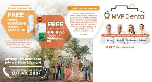 Promotional postcard for MVP Dental with a family outdoors, emphasizing dental health and a new patient special.