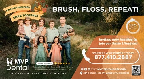 Promotional postcard for MVP Dental featuring new patient specials and a family in an outdoor setting.