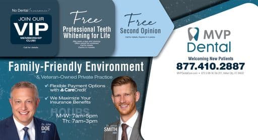 Autumn-themed promotional poster for MVP Dental featuring a family smiling, with details on dental service discounts and customer testimonials.