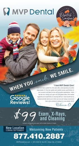 Promotional flyer for MVP Dental highlighting VIP membership, free services offers, and featuring portraits of Dr. John Doe and Dr. James Smith.