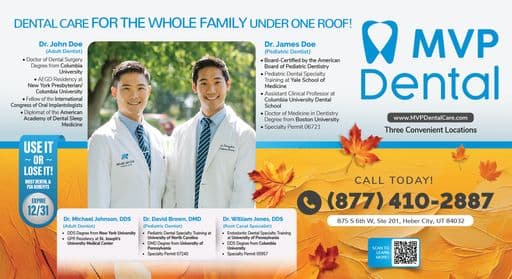 Promotional flyer for MVP Dental highlighting advanced digital dental technology and various free dental services.