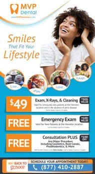 The MVP Dental postcard features a bright and engaging design centered around lifestyle-oriented dental care. The top half showcases a joyful young woman with curly hair, laughing and looking upwards, embodying the concept of Smiles That Fit Your Lifestyle. She represents happiness and satisfaction, highlighted by the vibrant orange and white color scheme that matches the MVP Dental logo in the top left corner. Below her image, four circular insets display diverse people enjoying life: an older couple in a playful pose, children in superhero costumes, a young couple in nature, and friends laughing together, symbolizing living, playing, loving, and laughing. Prominent promotional offers are outlined in bold blue and orange blocks, including $49 for an exam, X-rays, and cleaning emphasizing affordability and accessibility. Additional offers include free consultations for major procedures and a free emergency exam, all designed to attract new patients with the appeal of comprehensive and economically accessible dental services. The postcard combines attractive visuals with practical information, inviting prospective clients to experience personalized dental care that integrates seamlessly with their daily lives.