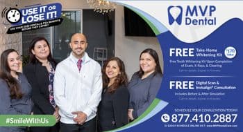 This promotional postcard for MVP Dental is themed Use it or Lose it! encouraging patients to utilize their 2022 dental and FSA benefits before they expire. The top left of the postcard features a vibrant graphic of a clock and the phrase encircled in a speech bubble, setting a sense of urgency. In the center, a professional photograph depicts four smiling dental staff members — three women and one man — dressed in clinical and office attire, standing confidently in their clinic, symbolizing the welcoming and expert care at MVP Dental. To the right, the postcard outlines two special offers with blue and white curved design elements enhancing the visual appeal: a free take-home whitening kit valued at $170, and a free digital scan and Invisalign® consultation, both available upon completion of exams, X-rays, and cleaning. The contact details and website are prominently displayed at the bottom, inviting immediate action from prospective patients. The overall design effectively combines engaging visuals with practical information, making it an attractive and informative piece for existing and potential clients.