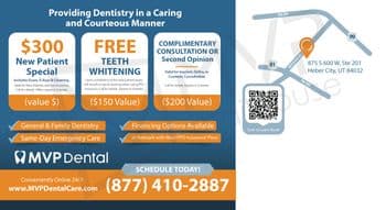 This sleek promotional postcard from MVP Dental showcases their commitment to offering comprehensive and affordable dental care. On the left side of the postcard, there are three main promotional offers presented in bold, modern graphics. The first offer is a $300 New Patient Special that includes an exam, X-rays, and cleaning, noted as a substantial value. Adjacent to it, there is a promotion for Free Teeth Whitening upon completion of a new patient exam, adding substantial value for clients. The third offer is a Complimentary Consultation or Second Opinion worth $200, valid for implants, orthodontics, or cosmetic consultations. The middle of the postcard highlights the clinic's core services, including general and family dentistry, same-day emergency care, and financing options, asserting their network with most PPO insurance plans. A QR code and a stylized map of the clinic’s location at 875 S 600 W, Ste 201, Heber City, UT, occupy the right side of the postcard, inviting quick access to more information and easy navigation for prospective patients. This design effectively combines service highlights with strategic promotions to engage new patients.