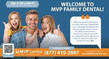 This vibrant promotional postcard from MVP Dental invites patients to utilize their remaining dental benefits before the end of the year. The top left features a bold reminder, Use it or Lose it!, emphasizing that most 2024 FSA and dental benefits expire by December 31st. The main visual attraction is a joyful family portrait featuring a father with his young daughter and adult daughter, all smiling broadly, embodying the familial and welcoming atmosphere of MVP Dental. The daughter gives a thumbs up, enhancing the friendly, approachable vibe. On the right, a quote from a long-time patient named D.V. praises the dental service, noting consistent satisfaction since May 2009. Below this, the call to action Welcome to MVP Family Dental! along with contact details and a QR code for easy appointment scheduling, make it easy for patients to connect. The overall design merges practical information with engaging visuals to create a compelling invitation to potential and existing patients.