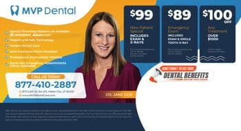 This MVP Dental promotional postcard showcases a clean and professional design focused on dental service offerings and financial incentives. The left side of the postcard prominently features a photo of Dr. Jane Doe, a confident and smiling dentist, set against a vibrant blue and orange background that matches the clinic's branding. Next to her image are key service highlights such as Special Financing Options, Modern and Safe Technology, Patient-Driven Care, and Professional, Enthusiastic Dentists, all listed with check marks to indicate the reliable services provided. In the center, three dark blue cards detail attractive offers: a new patient special for $99 including exam and X-rays, an emergency exam package for $89, and $100 off any treatment over $1000. These offers emphasize accessibility and affordability, catering to both insured and uninsured patients. The bottom section includes a reminder to not forget to use dental benefits before expiration, urging immediate action. The overall layout is structured to guide the eye through the various services and offers seamlessly, ending with the practice's contact information and the inviting call to action, CALL US TODAY.