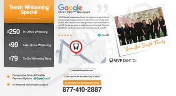 This promotional postcard from MVP Dental offers various teeth whitening specials, presented in a visually appealing design. The left side of the postcard features bold text against a gradient of orange to dark gray, outlining three pricing tiers: $250 for In-Office Whitening, $99 for Take-Home Whitening, and $79 for To-Go Whitening Trays, each noted with an expiration of 4 weeks for the offer. In the center, a large Google logo accompanies a glowing customer review by Carol B., praising the service and staff, emphasizing a long-term relationship of 16 years with the practice. This section is backed by a subtle gray map-like graphic. On the right, a photograph of the dental team, smiling in a casual outdoor setting, adds a personal touch under the phrase Join Our Dental Family, encouraging a sense of community and trust. The footer of the postcard provides essential contact information, including the practice's web address, physical address in Heber City, and a prompt to schedule an appointment, highlighted by the phone number in large, bold type.