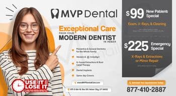 This vibrant and eye-catching postcard from MVP Dental promotes exceptional dental care offers in Heber City. The left side of the postcard features a smiling young woman with long brown hair and glasses, pointing towards the right. She embodies the youthful and friendly face of modern dental care. The backdrop blends a dynamic orange wave design with clean white and gray segments, highlighting the text Exceptional Care from Your Modern Dentist in Heber. Key services such as Preventive & General Dentistry, Veneers, Invisalign®, Dental Implants, and more are listed, emphasizing comprehensive care for the whole family. On the right side, two promotional offers are boldly displayed against a dark background: $99 New Patient Special for Exam, X-Rays, & Cleaning and a $225 Emergency Special for X-Rays & Extractions or Minor Repair, each with a call to action to schedule an appointment. The phrase Use It or Lose It, referring to dental benefits, adds a sense of urgency. Contact information and a QR code for easy booking are also provided, making it convenient for new patients to reach out.