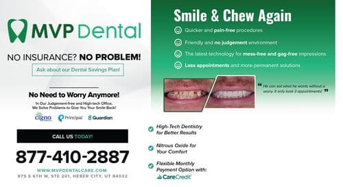 This postcard from MVP Dental addresses potential patients who may not have insurance, under the bold heading NO INSURANCE? NO PROBLEM! in large white text on a vibrant green background. The card promotes their Dental Savings Plan with a call-to-action button Ask about our Dental Savings Plan! in green on a white banner. Below, the card assures No Need to Worry Anymore! highlighting the judgement-free, high-tech environment of the office, alongside logos of insurance partners like Cigna, Principal, and Guardian. The right side of the postcard features a Smile & Chew Again section with benefits listed in green check circles, such as quicker procedures, a friendly environment, and advanced technology for mess-free impressions. This section also shows before and after images of a dental patient, emphasizing the effectiveness of the treatments offered. A testimonial adds a personal touch, stating, He can eat what he wants without a worry. It only took 3 appointments! The bottom section includes contact details with a bold call to CALL US TODAY! and the website address, encouraging immediate engagement. The design is clean, with an informative layout that uses green tones and clear typography to create an inviting and professional look.