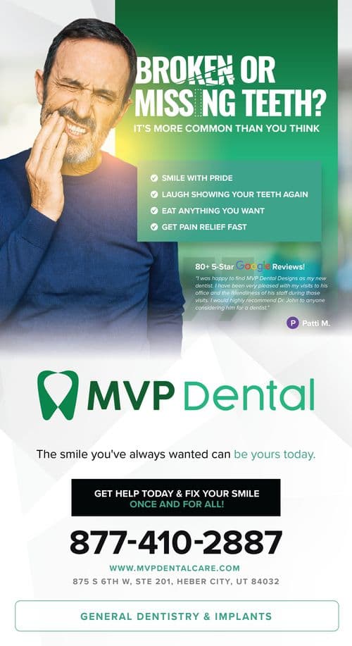 This promotional postcard from MVP Dental targets individuals with dental concerns, specifically highlighting solutions for broken or missing teeth. The top half of the postcard features a large, bold headline BROKEN OR MISSING TEETH? in white text over a gradient of dark and light green. Below this, the phrase IT’S MORE COMMON THAN YOU THINK is emphasized in smaller white text. The central image shows a senior man in visible discomfort, holding his cheek and grimacing, suggesting dental pain. This impactful visual is paired with a list of benefits of seeking treatment: SMILE WITH PRIDE, LAUGH SHOWING YOUR TEETH AGAIN, EAT ANYTHING YOU WANT, and GET PAIN RELIEF FAST. Each benefit is marked with a green check symbol, reinforcing the positive outcomes of dental services. Additionally, the postcard includes customer testimonials, represented by a quote from a satisfied patient named Patti M., praising the dental office. The postcard concludes with a strong call to action GET HELP TODAY & FIX YOUR SMILE ONCE AND FOR ALL!, a phone number, and the website address for MVP Dental, all set against a clean white and green background that matches the company’s branding colors. This design effectively communicates the services offered by MVP Dental in General Dentistry & Implants, ensuring the message of reliable dental care is clearly conveyed.