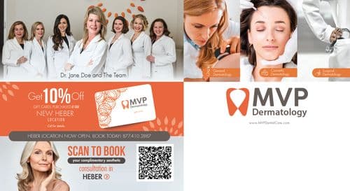 This elegant promotional postcard for MVP Dermatology features a visually appealing design to announce their new location in Heber. The top half of the postcard showcases Dr. Jane Doe and her team, with five professional women in white lab coats smiling confidently at the camera, conveying expertise and friendliness. Below, various aspects of dermatological care are highlighted through high-quality images representing general, cosmetic, and surgical dermatology, including a close-up of a dermatologist examining a patient's skin and another performing a cosmetic procedure on a patient's face. The central section of the postcard offers a promotional discount of 10% off on gift cards purchased at the new location, illustrated with an orange gift card bearing the MVP Dermatology logo. The lower section invites customers to book appointments with a QR code for easy scheduling and includes a serene image of a mature woman, suggesting a focus on aesthetic consultations. The overall layout combines clean typography and soothing colors to emphasize professionalism and the comprehensive care offered by the clinic.