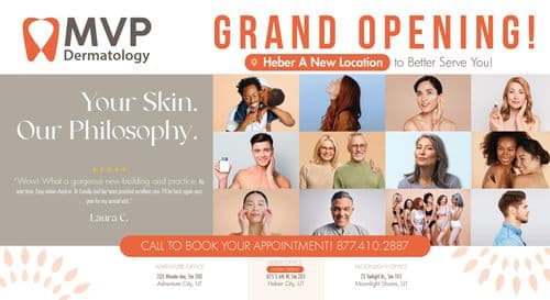 This promotional postcard from MVP Dermatology announces their grand opening at a new location in Heber to enhance service accessibility. The design features a sleek, modern layout with a bold headline Grand Opening! in large orange letters. Central to the postcard is a series of vibrant, high-quality images depicting a diverse group of individuals enjoying skincare routines or celebrating clear, healthy skin. These images include a young woman applying face serum, a senior couple smiling, and groups of people of different ethnicities engaging in skincare practices. The backdrop of the design incorporates a soft grey tone with the tagline Your Skin. Our Philosophy. prominently displayed, emphasizing the dermatology center’s commitment to personalized skin care. Contact details and addresses for their Adventure and Moonlight Shores locations are also provided, alongside a customer testimonial praising the new facility's ambiance and the quality of care. The design is completed with the MVP Dermatology logo in the top left, reinforcing brand identity.