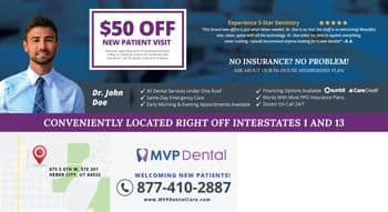 Marketing postcard for MVP Dental emphasizing $50 off a new patient visit, showcasing a portrait of Dr. John Doe, a young male dentist with a friendly smile, wearing a blue tie and white shirt. The card highlights various dental services and financing options, with a backdrop of a map showing the clinic's convenient location near Interstates 1 and 13 in Heber City, Utah. Text promotes the ease of scheduling and states NO INSURANCE? NO PROBLEM! with mentions of an in-house membership plan.
