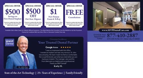 This professional postcard features a variety of promotional dental offers from MVP Dental, set against a sophisticated blue and gray color scheme. On the left, a cheerful portrait of Dr. John Doe in a blue suit complements the offers, including $500 off on first dental implants and clear aligners, a $1 special for a new patient exam and X-ray, and free consultations. Each offer is detailed with conditions such as being available only to new cases without insurance. The right side showcases an elegant image of the MVP Dental office interior, highlighting a modern reception area with chic furniture and stylish decor. The bottom section of the postcard includes a glowing Google review praising Dr. Doe’s office for comfort and professionalism, enhancing trust and appeal. Contact information and a website URL are prominently displayed, inviting immediate action.