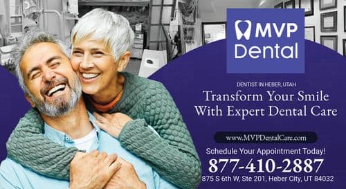 This vibrant postcard for MVP Dental showcases a joyful older couple embracing and laughing, with the woman's arm warmly around the man's neck. They both wear cozy, casual attire, and their genuine smiles highlight the message of transformative dental care. The backdrop blends a vivid image of a dental office interior with a seamless transition into a deep purple space that features the MVP Dental logo and a promotional message. Text on the postcard reads Transform Your Smile With Expert Dental Care and includes contact details for scheduling appointments, emphasizing the clinic’s location in Heber, Utah, and inviting new patients to connect.