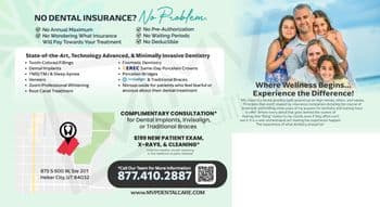 This vibrant MVP Dental postcard presents a range of dental services and patient assurances under the banner NO DENTAL INSURANCE? No Problem. The left side of the postcard lists services like tooth-colored fillings, dental implants, TMD/TMJ & sleep apnea treatment, veneers, Zoom professional whitening, root canal treatment, cosmetic dentistry, and more, highlighting state-of-the-art technology and minimally invasive dentistry. The central part of the postcard features benefits such as no annual maximum, no wondering what insurance will pay, no pre-authorization required, no waiting periods, and no deductible. A family of five, smiling joyfully, occupies the right side of the postcard with the caption Where Wellness Begins: Experience the Difference! emphasizing a holistic approach to dental care. Below the family photo, there's a detailed narrative expressing the dental office's vision and commitment to high ethical standards and patient-centered care. The lower portion offers a complimentary consultation for dental implants, Invisalign, or traditional braces, alongside details about new patient special pricing. Contact information and an office address in Heber City, UT are also provided, inviting viewers to schedule an appointment and experience the MVP Dental difference.