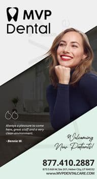 This promotional postcard from MVP Dental features a vibrant and cheerful design. The top of the postcard displays the MVP Dental logo in black against a white background, with the words Welcoming New Patients! in stylish script. The central image is a portrait of a smiling young woman with blonde hair, wearing a dark blue top and red lipstick, representing a happy patient. Her bright smile, accentuated by braces, illustrates the dental care results provided by MVP Dental. Below her image, there's a testimonial in quotation marks from Bennie W., saying, Always a pleasure to come here, great staff and a very clean environment. The bottom of the postcard includes the contact information for MVP Dental, featuring their phone number 877-410-2887 and address 875 S 6th W, Ste 201, Heber City, UT 84032 alongside their website www.MVPDentalCare.com. The layout is clean and inviting, aimed at attracting new patients by highlighting the positive experiences of current ones.