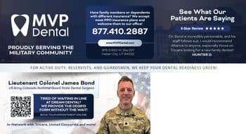 The postcard from MVP Dental is devoted to serving the military community, prominently featuring Lieutenant Colonel James Bond, the US Army Colorado National Guard State Dental Surgeon, dressed in his military uniform. On the left side of the postcard, the MVP Dental logo sits atop the title PROUDLY SERVING THE MILITARY COMMUNITY with additional text emphasizing their services for active duty, reservists, and guardsmen, ensuring their dental readiness remains 'green.' A QR code is also displayed for easy appointment booking online without waiting for the DD2813 form. The right side of the postcard showcases a testimonial from a satisfied patient named Hunter D., who praises Dr. Bond's personable nature and recommends the practice to military families, especially those on Tricare. Contact information and the practice’s website address are provided at the bottom, alongside a cityscape background that subtly emphasizes the community they serve.