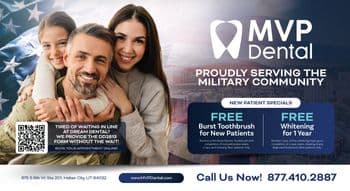 This promotional MVP Dental postcard features a patriotic theme, proudly serving the military community. The left side of the postcard showcases a happy family of four, with the father in military attire, all smiling broadly under an American flag, symbolizing their pride and joy. Next to the family image, a QR code invites viewers to scan for booking appointments online, promising no wait for the DD2813 form at MVP Dental. The right side of the postcard is dominated by a cityscape background, overlaying which are offers specifically for new patients: a free Burst toothbrush with a completed exam, X-rays, and cleaning, and free whitening for one year. The postcard emphasizes quick service and special considerations for military families, reinforcing MVP Dental’s commitment to community and care. Contact information, including a phone number and website, is prominently displayed along the bottom, inviting immediate action from potential patients.