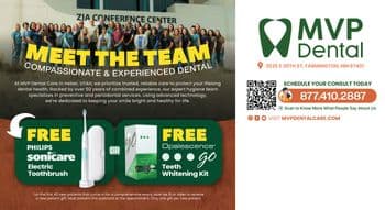This MVP Dental promotional postcard features a large group photo of the dental team standing in front of the Zia Conference Center, signifying a team outing or professional event. The group consists of approximately twenty-two members, mostly women, dressed in a mix of casual and professional attire, all smiling and looking towards the camera. Text overlays at the top of the image read MEET THE TEAM - COMPASSIONATE & EXPERIENCED DENTAL in bold yellow and white letters. The postcard highlights their commitment to reliable dental care, mentioning over 50 years of combined experience in preventive and periodontal services. Promotional offers include a choice between a free Philips Sonicare Electric Toothbrush or an Opalescence Go Teeth Whitening Kit for new patients, enhancing the appeal to prospective clients. Contact information and online scheduling details are prominently displayed alongside the MVP Dental logo, inviting immediate interaction. The design integrates social media icons and a QR code for further engagement, positioned against a background that blends images of the dental office interior, reflecting the clinic's modern facilities.