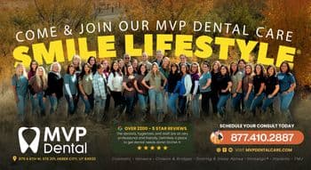 This promotional postcard from MVP Dental features a large group photo of the dental staff, consisting of approximately twenty-four members, posing outdoors with a fall-colored, tree-lined backdrop that suggests a serene setting near Heber City, Utah. The staff, dressed in casual and semi-formal attire, are smiling warmly, conveying a welcoming atmosphere. Bold yellow text overlays part of the image stating COME & JOIN OUR MVP DENTAL CARE SMILE LIFESTYLE, emphasizing an invitation to the community. The MVP Dental logo is prominently displayed in the lower left corner along with the address. On the lower right side, there's a testimonial from Selena H., who praises the professionalism and friendliness of the staff, highlighted by over 2200 5-star reviews. The services offered such as cosmetic treatments, veneers, crowns, bridges, and more, are listed at the bottom alongside contact information and online booking prompt.