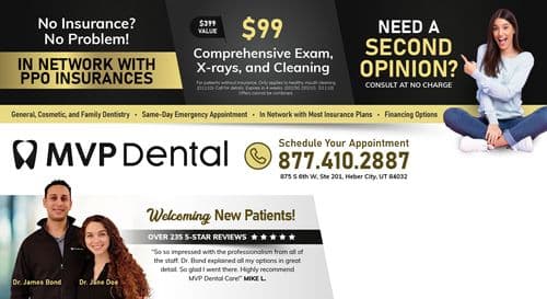This professional MVP Dental postcard emphasizes accessibility and affordability in dental care. The left side of the postcard highlights the clinic's inclusivity for patients without insurance, stating No Insurance? No Problem! and IN NETWORK WITH PPO INSURANCES. A promotional offer is prominently displayed: $99 Comprehensive Exam, X-rays, and Cleaning, compared against a regular value of $399. To the right, a young woman in a casual blue sweater and jeans sits cross-legged, pointing playfully at the text NEED A SECOND OPINION? which is offered at no charge. Below, the clinic invites new patients to Schedule Your Appointment with contact details and the address of the Heber City, Utah location clearly listed. The postcard merges clean design with practical information, making it an effective marketing tool for the clinic.